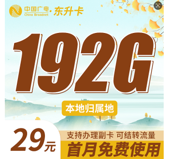 广电东升卡29元192G通用流量(流量支持结转)